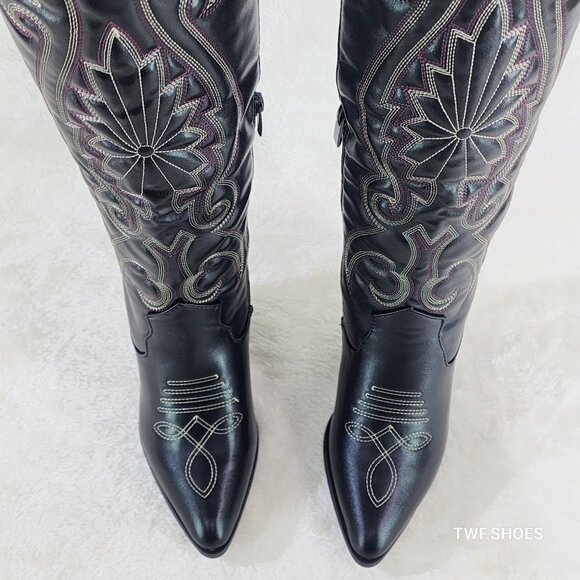 Elegant Black Embroidered Heeled Boots - Picture 4 of 7